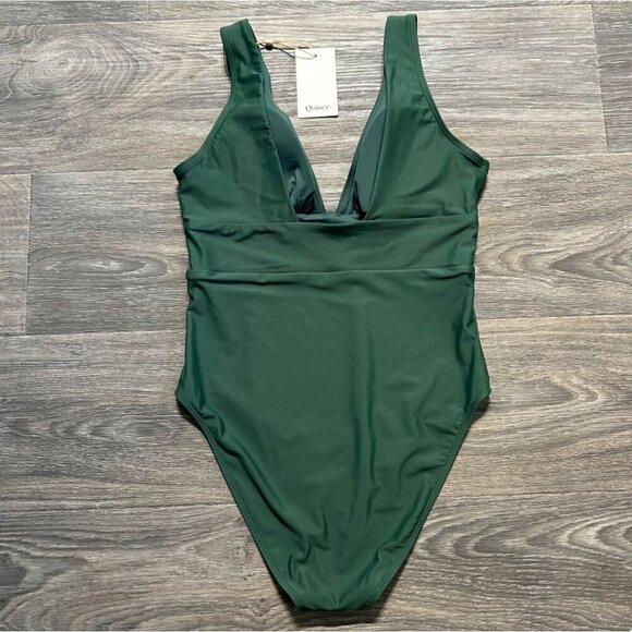 NWT Quince Small Italian Plunge One Piece Swimsuit Green Palm Swim Bathing Suit - Picture 2 of 10